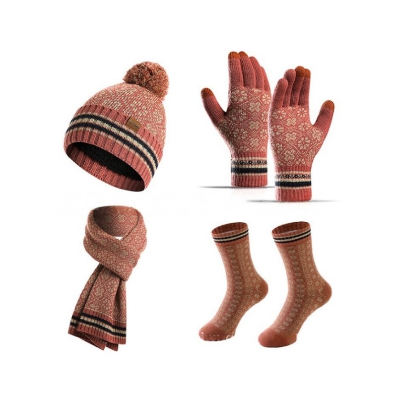 "Women 4 Pieces Winter Beanie Hat Scarf Touch Screen Gloves Warm Socks Set "